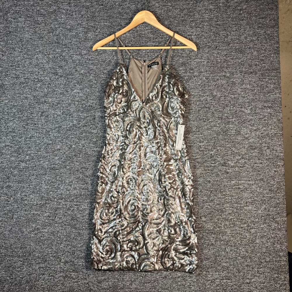 Venus Sequin Swirl Bodycon Cocktail Dress Silver Champagne‎ V-Neck Mini Size 6